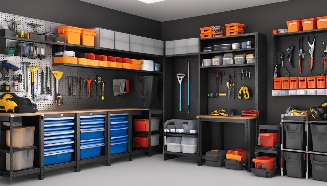 overhead storage, freestanding shelves, pegboards, cabinets, clear storage bins
